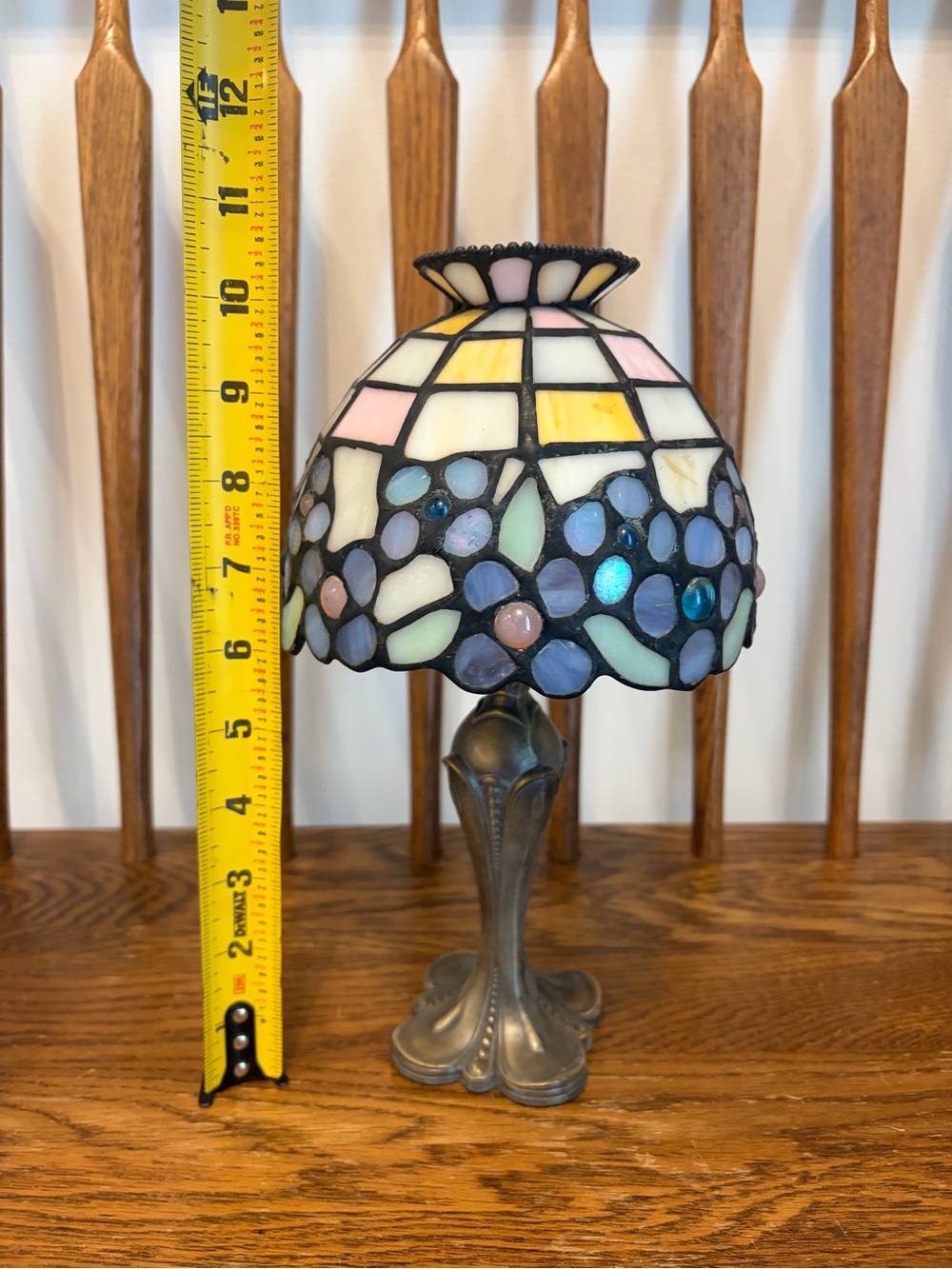 Vtg Tiffany Style Stained Glass Flower Fairy Candle Lamp Art Nouveau Slag Caboch